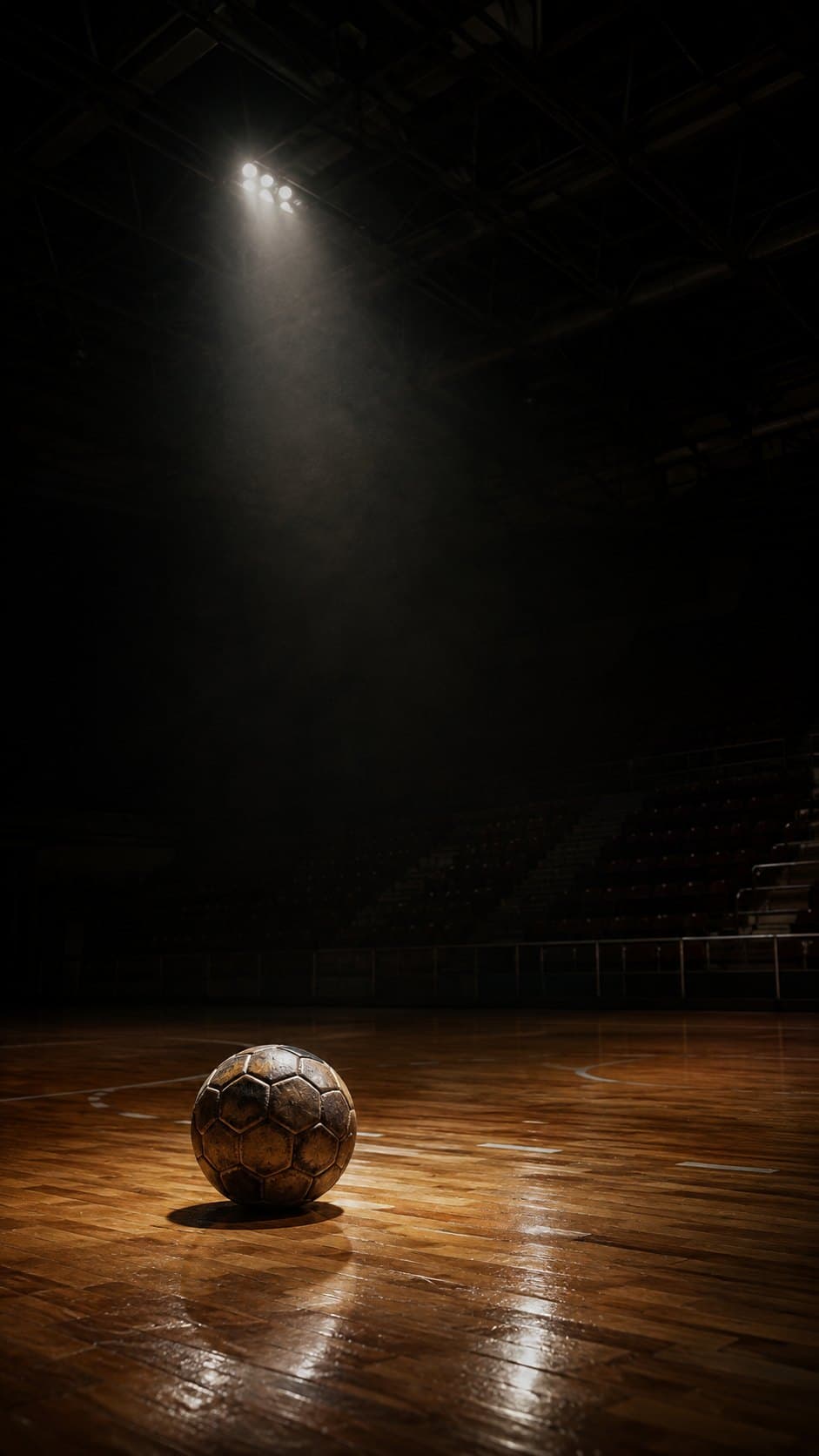 Dunkle Handballhalle, ein einzelner Ball im Spotlight auf dem Parkett