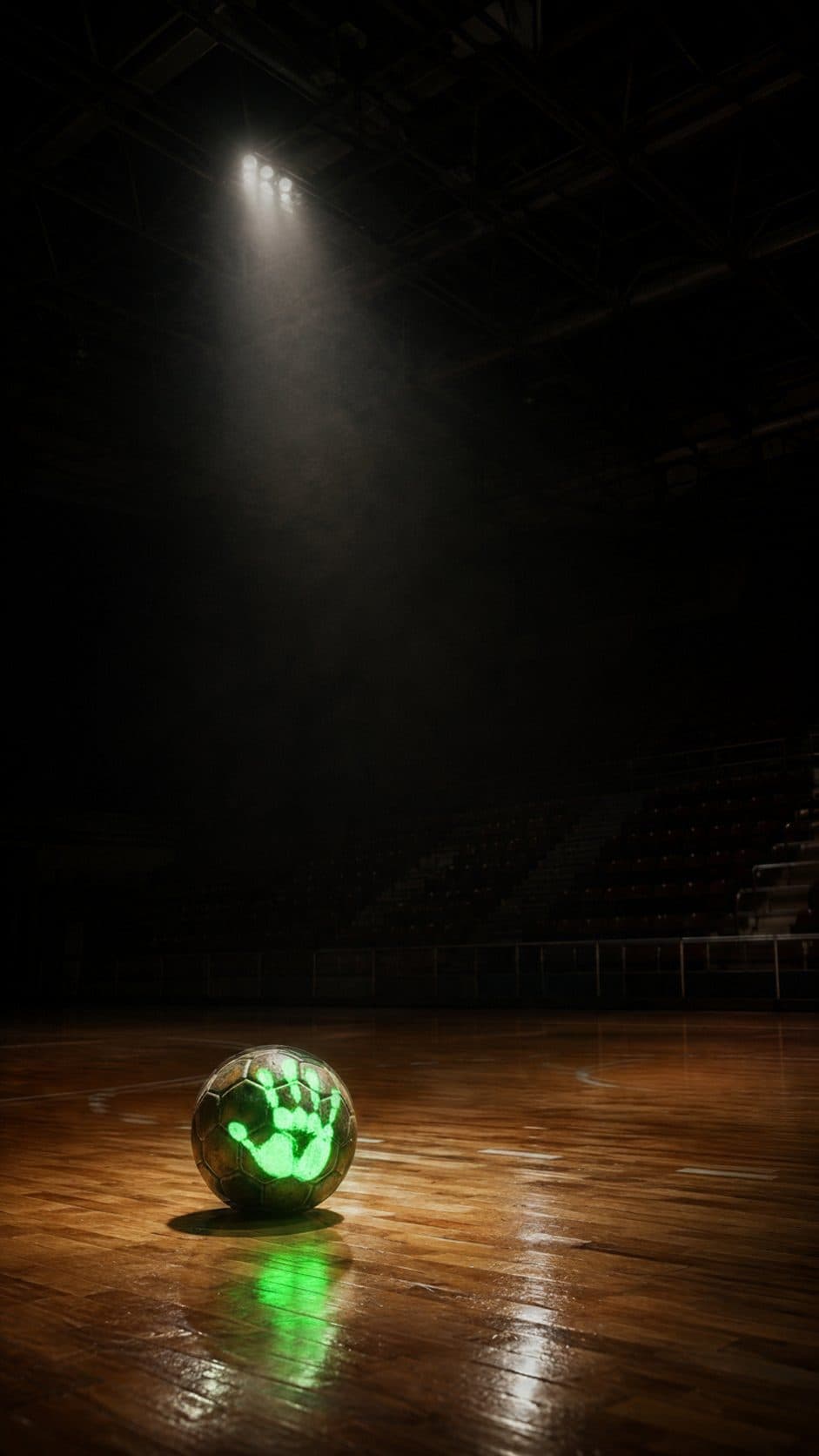 Dunkle Handballhalle, ein Ball mit leuchtendem Handabdruck im Spotlight