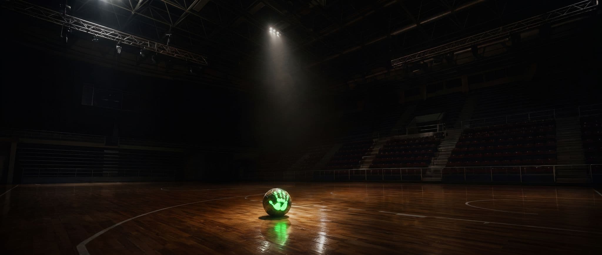 Dunkle Handballhalle, ein Ball mit Handabdruck im Spotlight